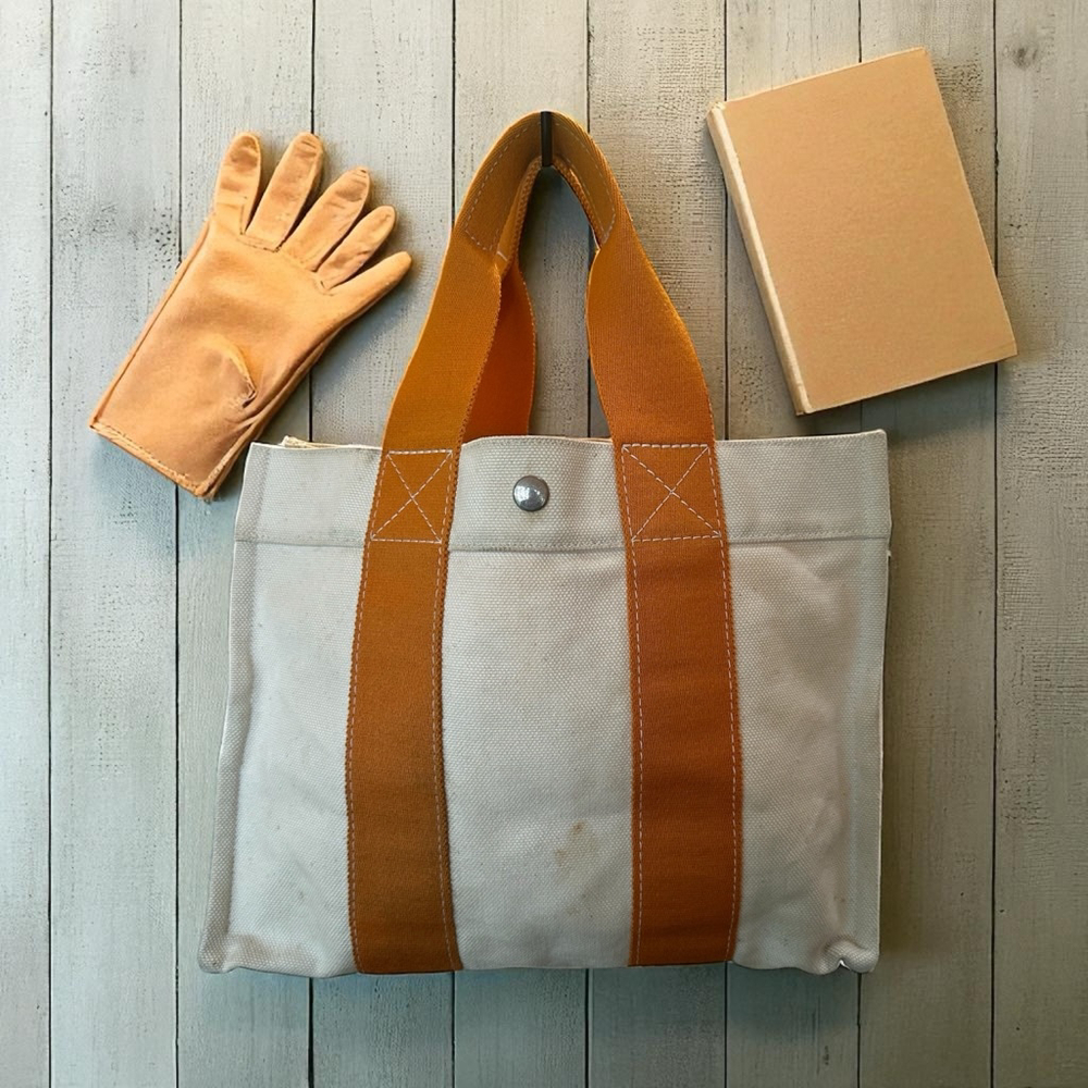 Hermes Beige Orange Canvas Tote Bag